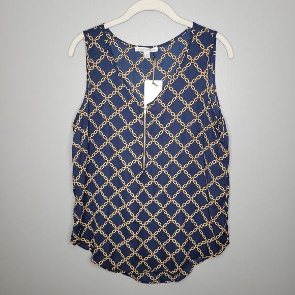 NEW Green Envelope tank top women's size M blue gold chain print zip work office - Picture 1 of 8